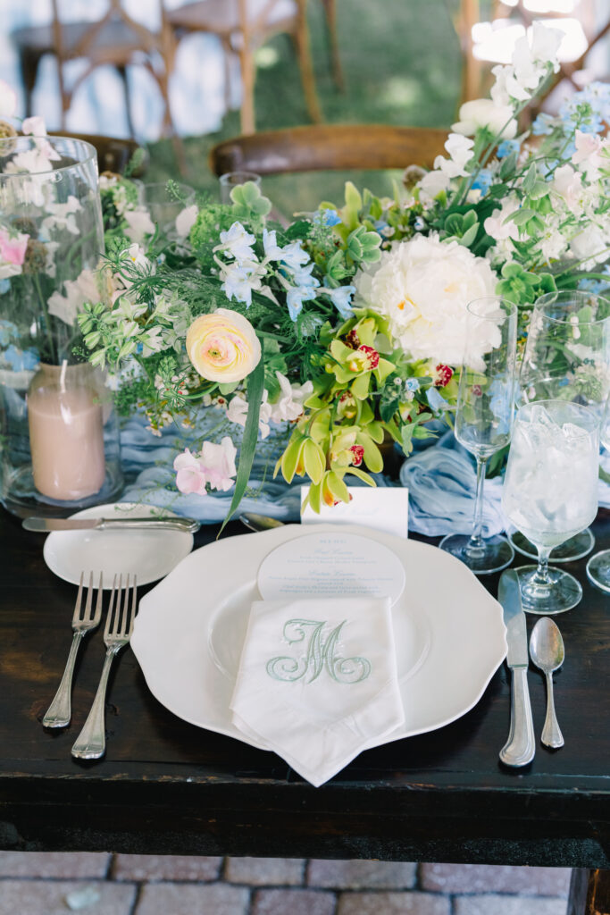 Classy, coastal, blue and white rehearsal dinner at the Beaufort Inn. 