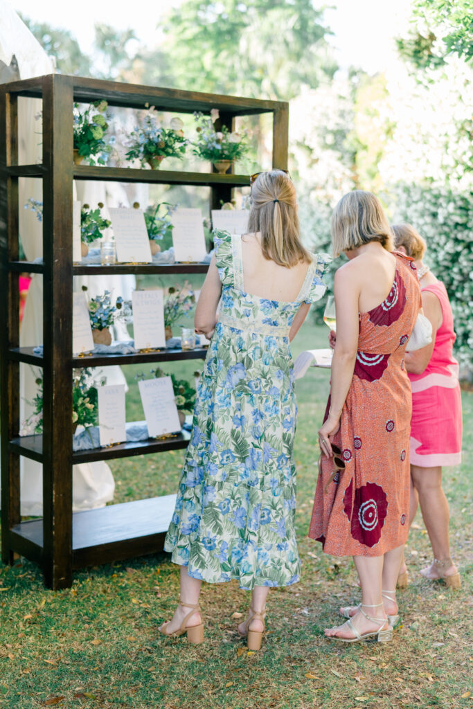 Beaufort Inn spring rehearsal dinner. Guests finding their seats on the seating chart. 