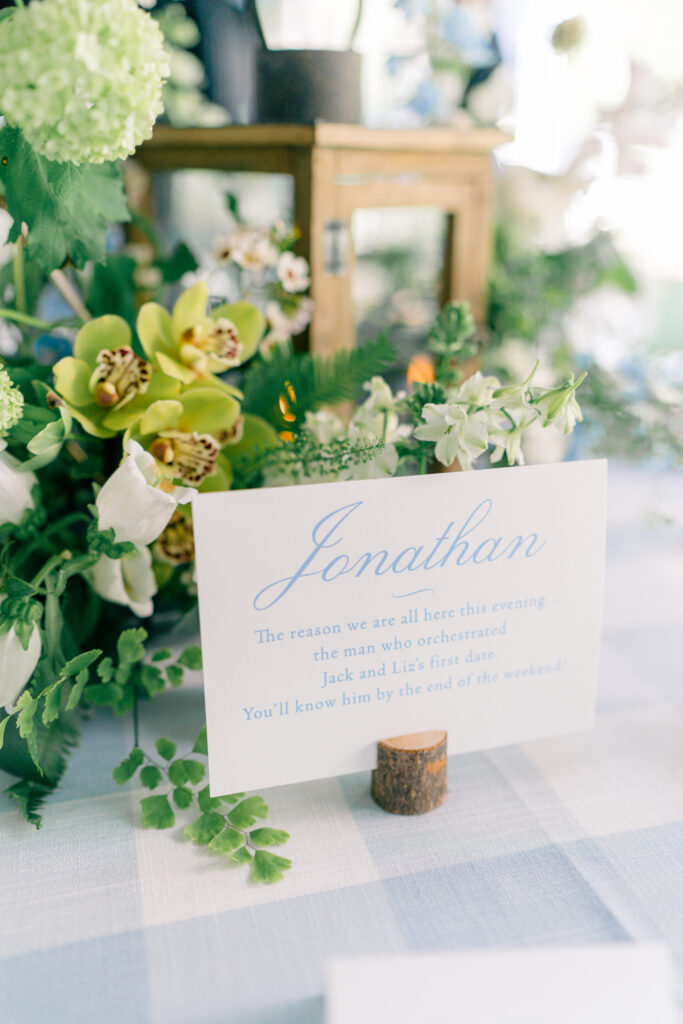 This bride and groom dedicated a table name at their rehearsal dinner to the person that set them up on their first date. 