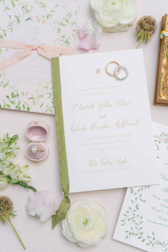 Wedding invitations. Soft pastels and hidden bees. Spring Island Destination wedding.