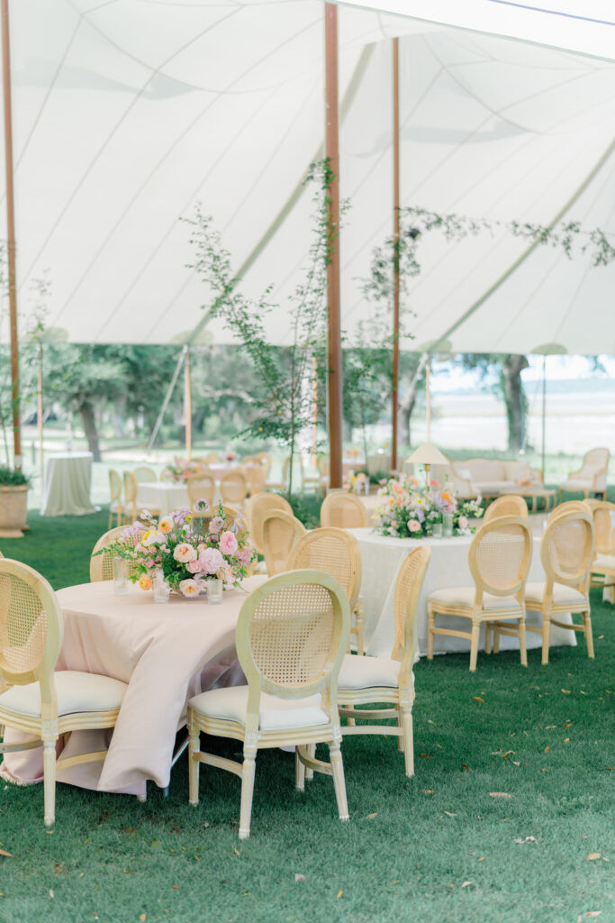 Grand outdoor wedding reception tent at Old Tabby Links. 