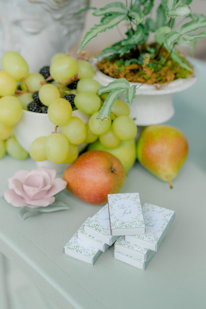 Included pears and grapes in wedding design on light green bar. 