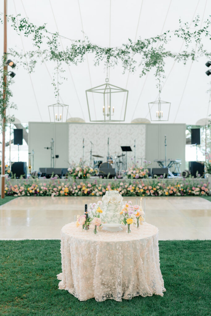 Wedding cake next to the dance floor at Spring Island wedding. 