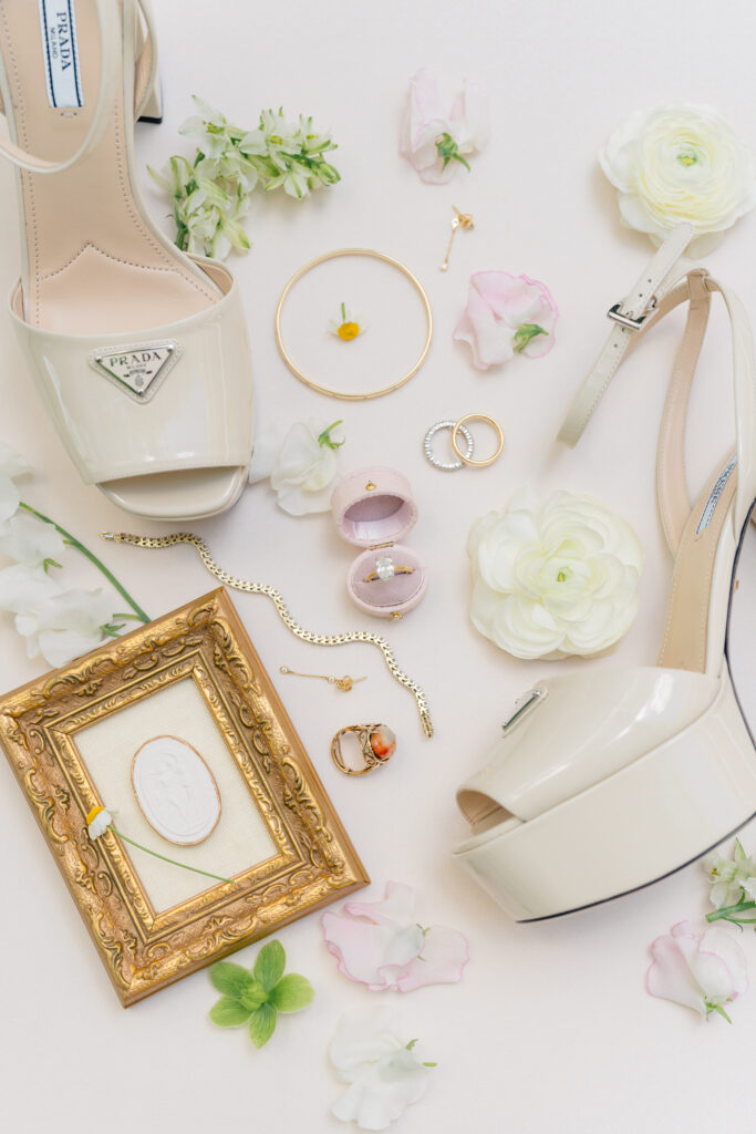 Bridal details. Prada platform heels and antique gold picture frames. 