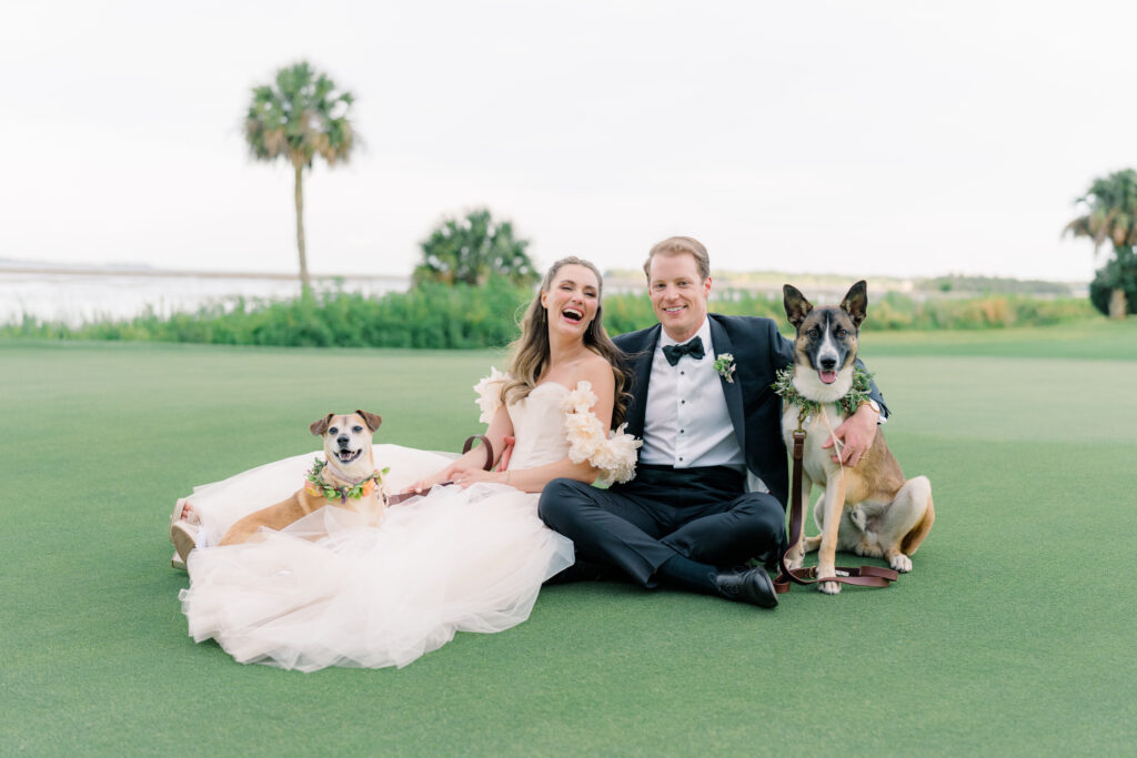 Family photo of bride and groom sitting in grass with dogs. Dog laying on brides dress. 