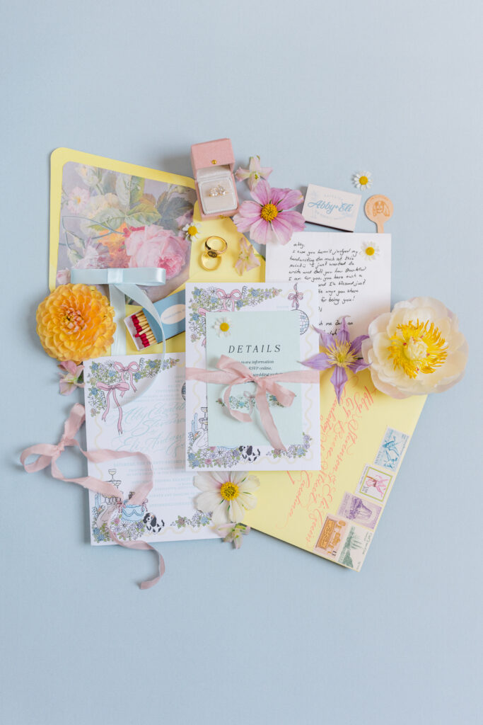 Full wedding invitation suite. Yellow, pink, and light blue made for the perfect color palette at this Thomas Bennett House spring destination wedding. 