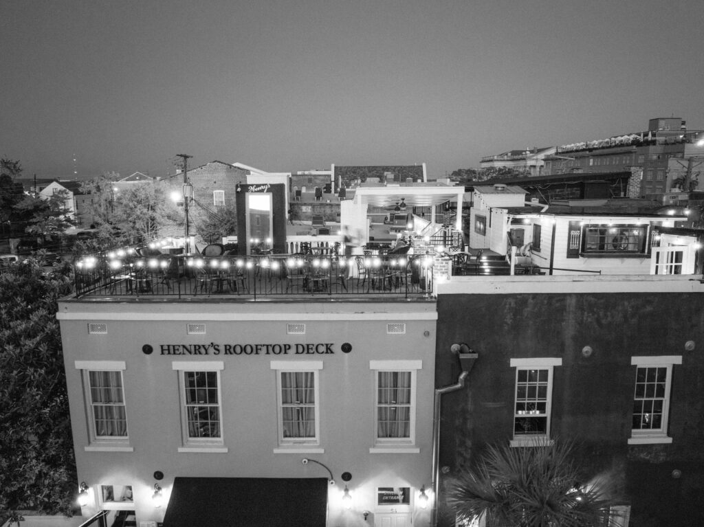 Rooftop wedding welcome party in downtown Charleston. 