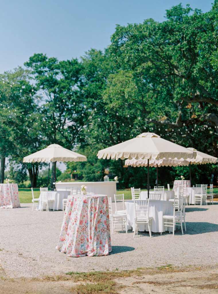 Waterfront cocktail hour on the tabby court. Charleston destination wedding.