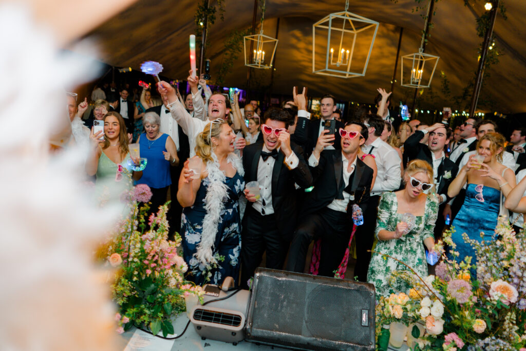 Wedding guests go nuts on the dance floor. 