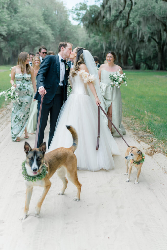 Bride and groom kiss while walking with their dogs. 