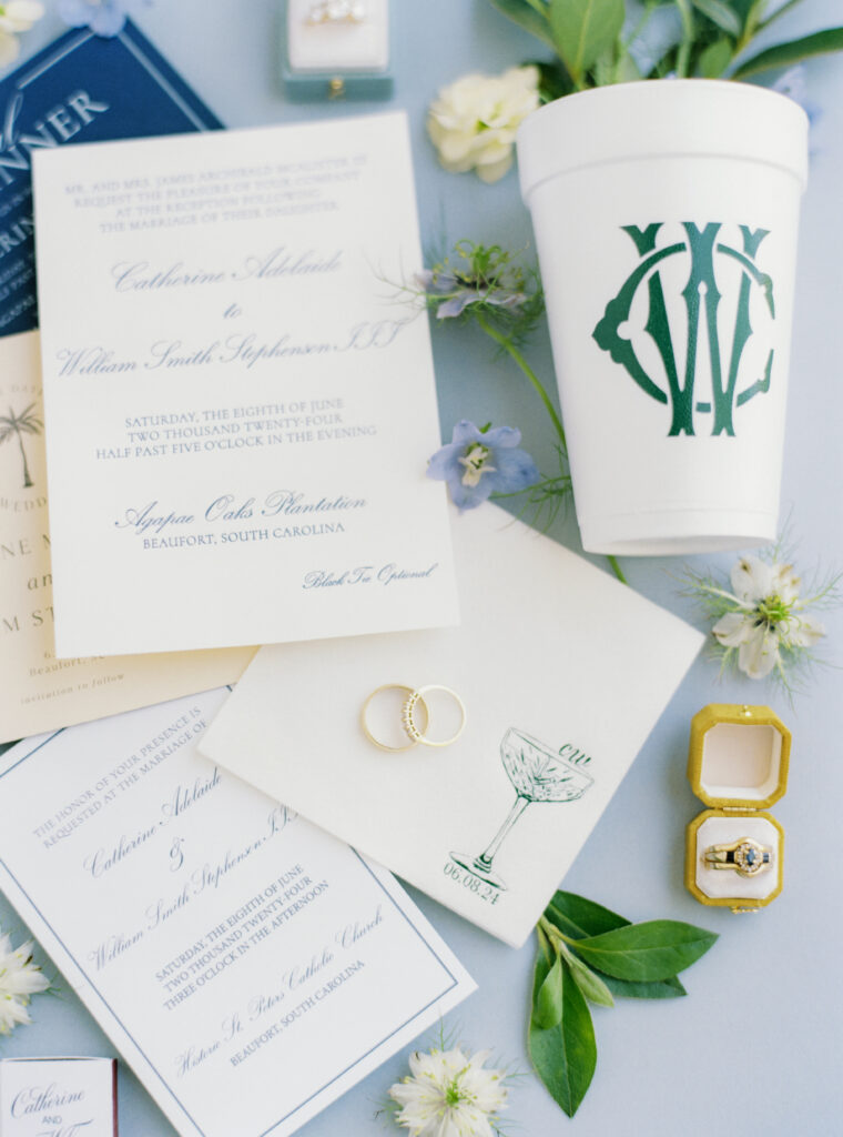 Custom cocktail napkin with martini glass. Black tie optional wedding invitations. 