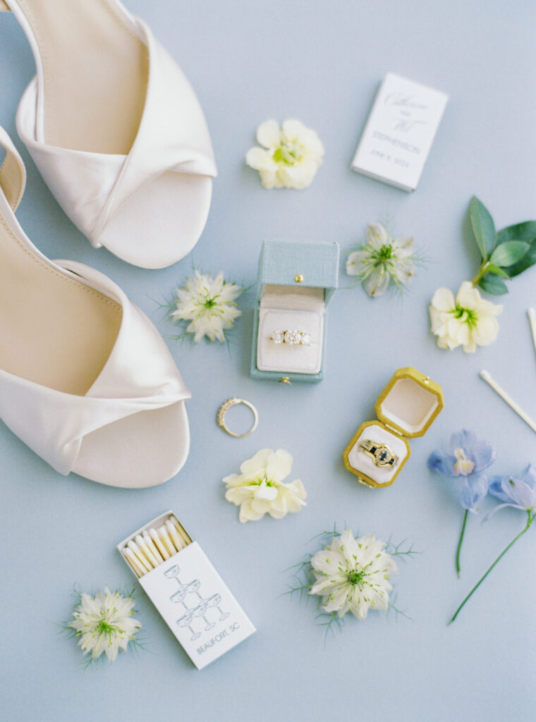 Bride's wedding details. Custom matchbox with cocktail glasses. 