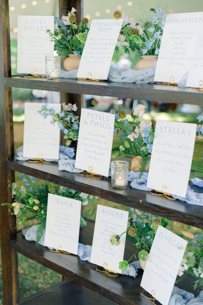 Wedding rehearsal dinner table cards. Each table was named after a memorable place or person in the bride and groom's life. 