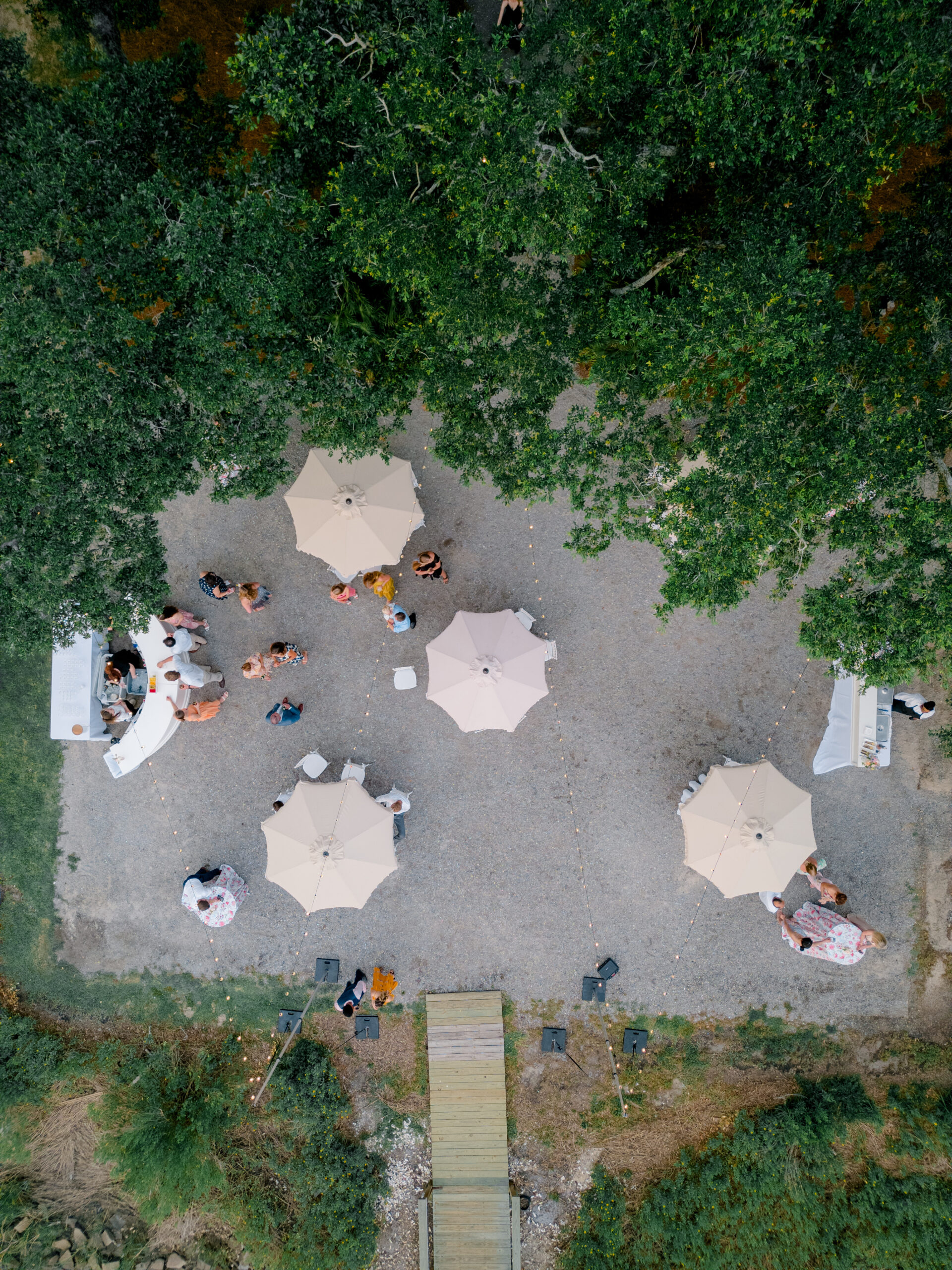 Drone shot from above of cocktail hour. 