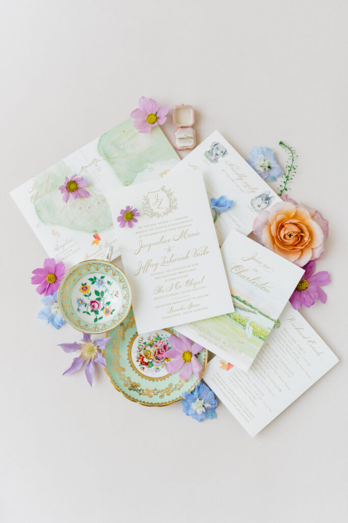 Watercolor details mixed with classic script. Lowndes Grove wedding invitations.