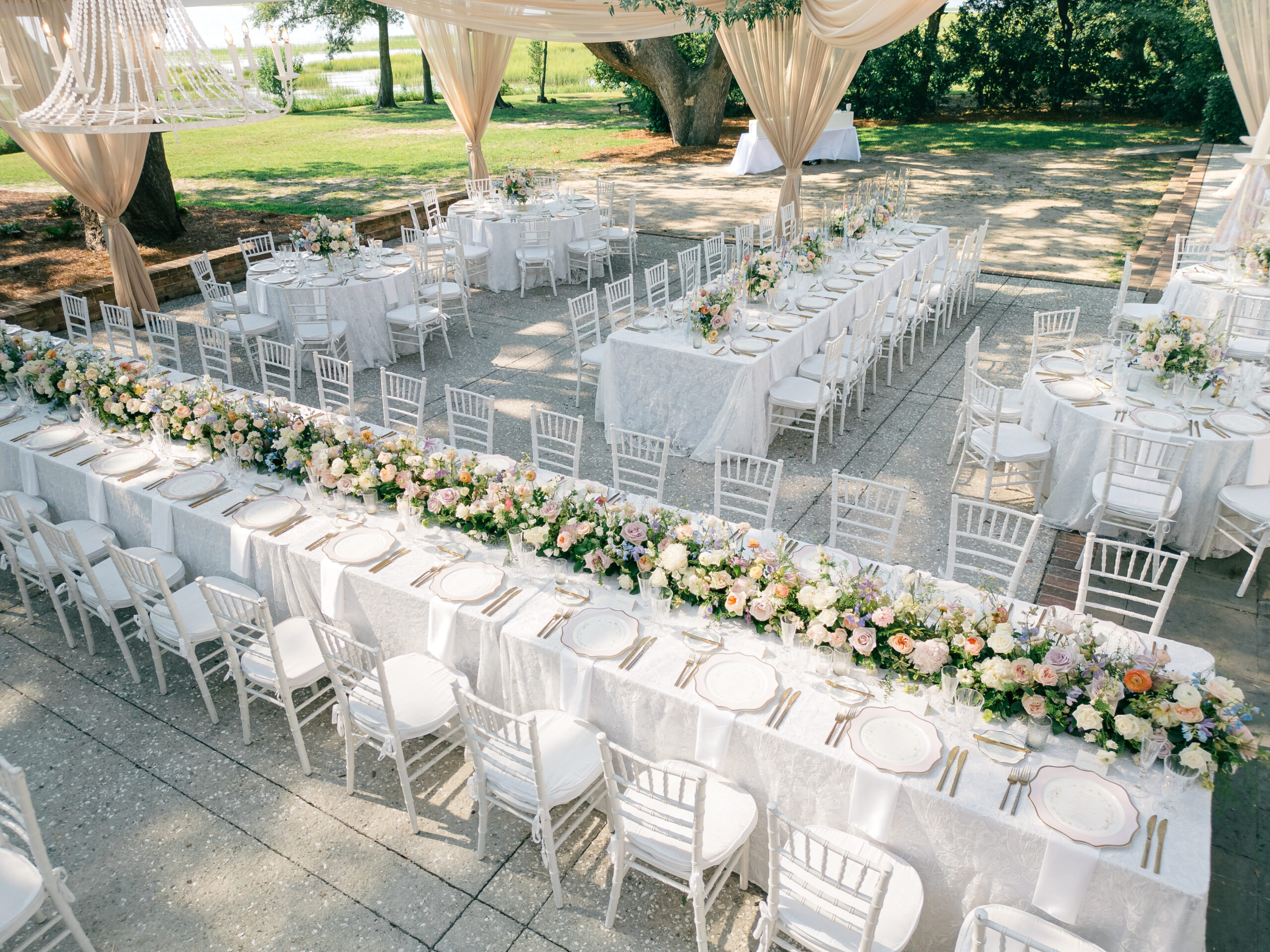 Drone photo of head table at Lowndes Grove wedding. 