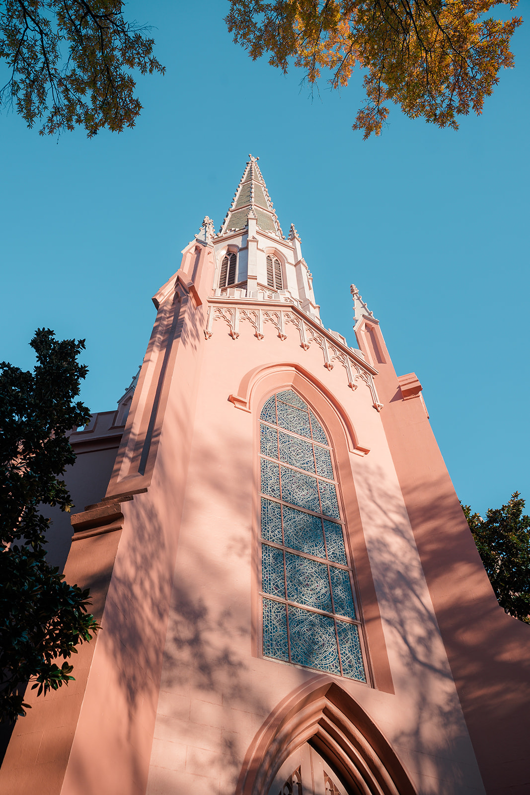 Sunset hitting pink church in columbia sc for winter wedding.