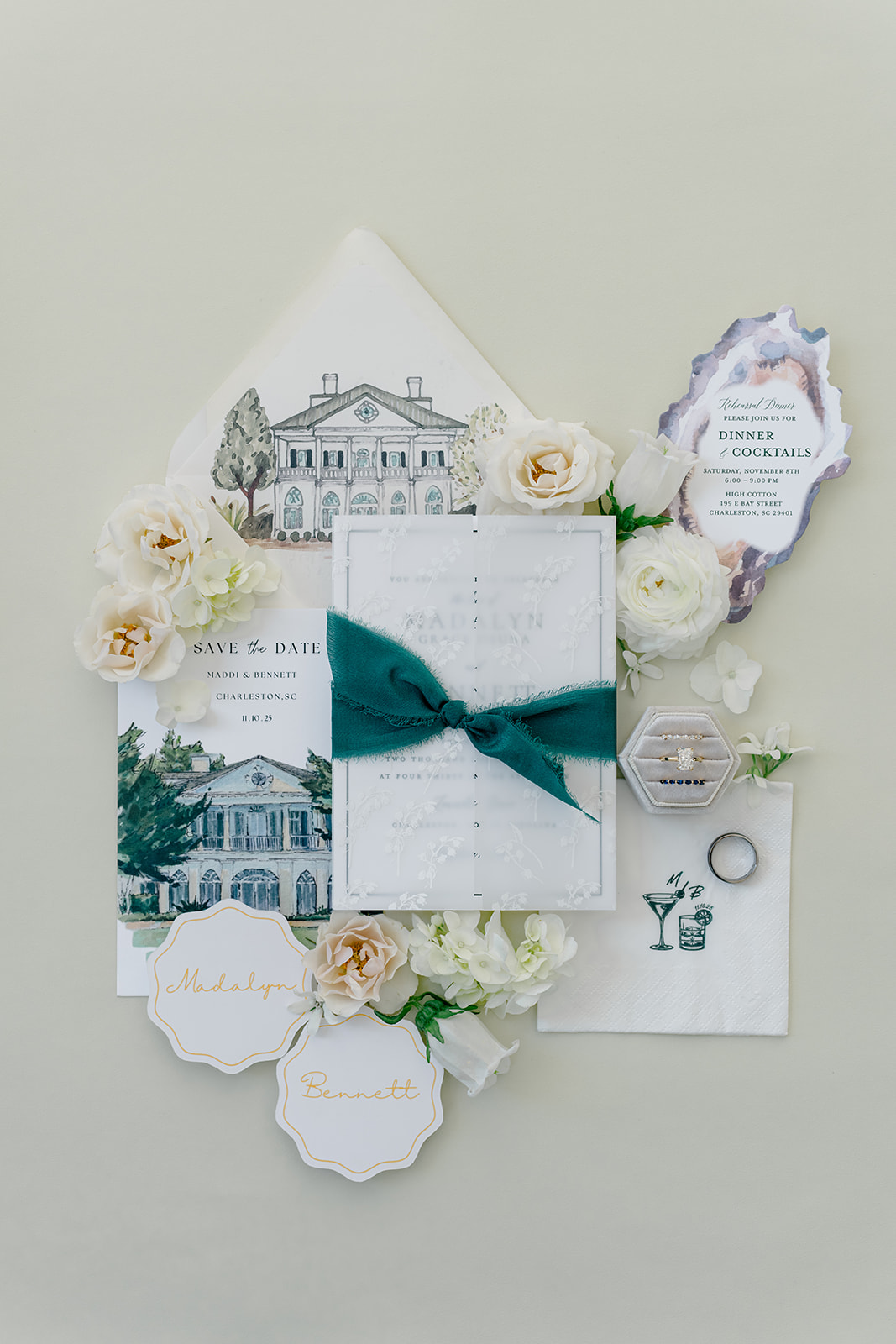 Winter tones for Lowndes Grove wedding. Invitation suite and seating cards. 