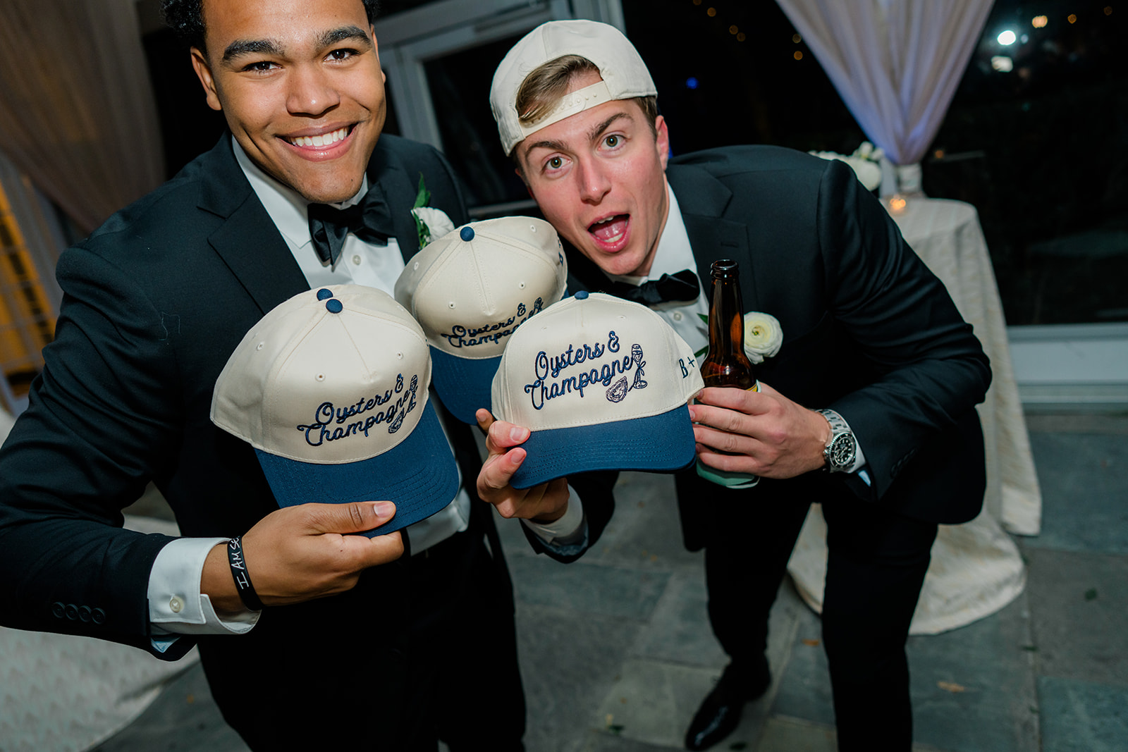 Custom wedding hats for Charleston wedding. Bride and groom chose four different designs for their wedding hat souvenirs 