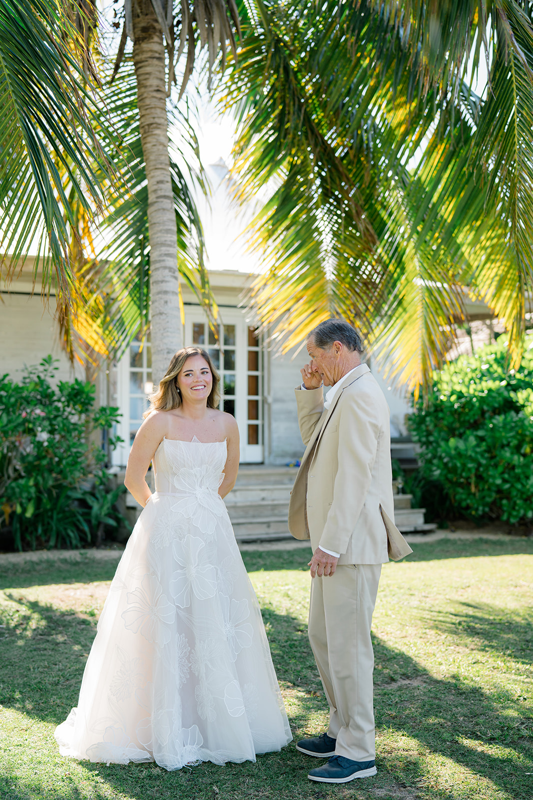 Father of the bride wipes away tear after seeing bride on wedding day. The Otherside Hotel destination wedding. 