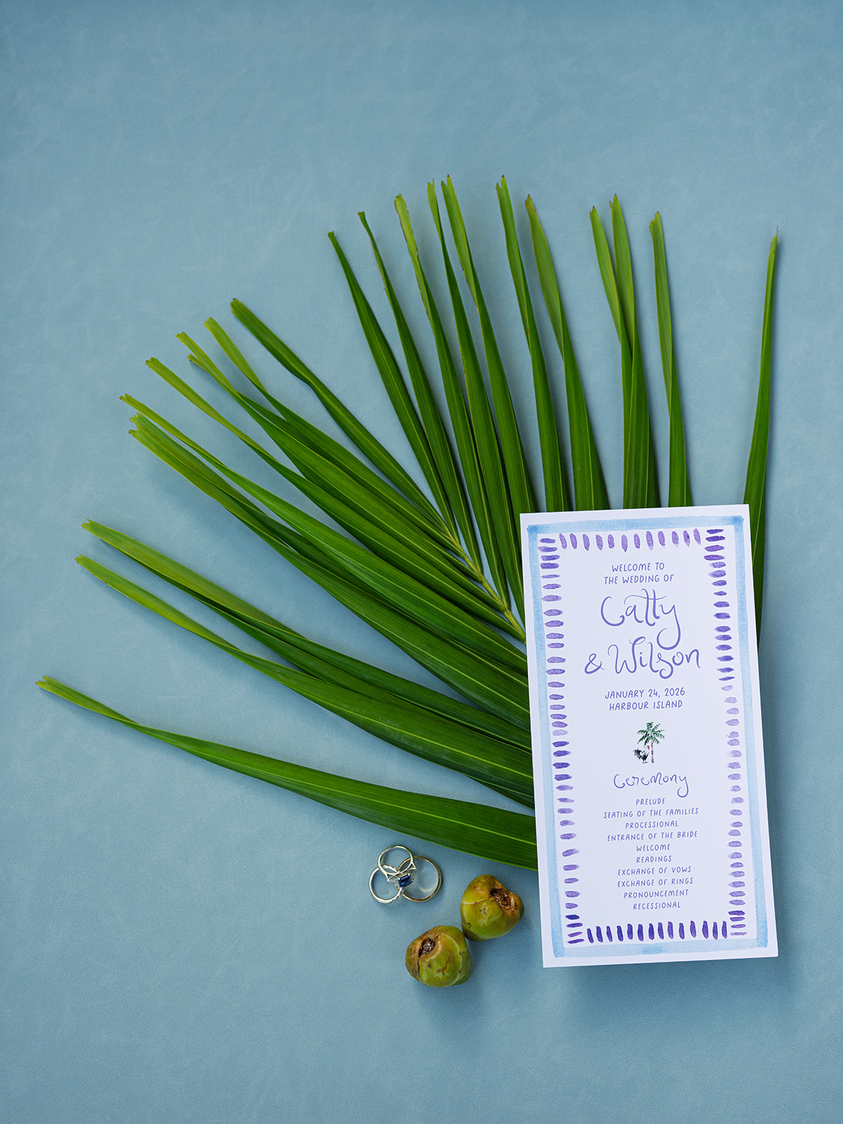 Wedding ceremony program with palm leaves. bahamas destination wedding. 