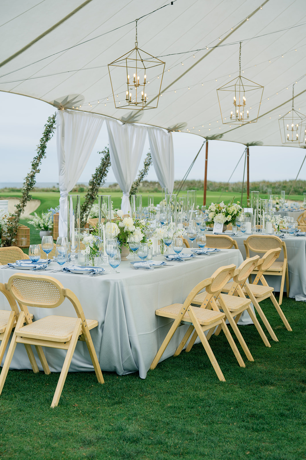 Pale blue table cloth. Ocean Course reception.