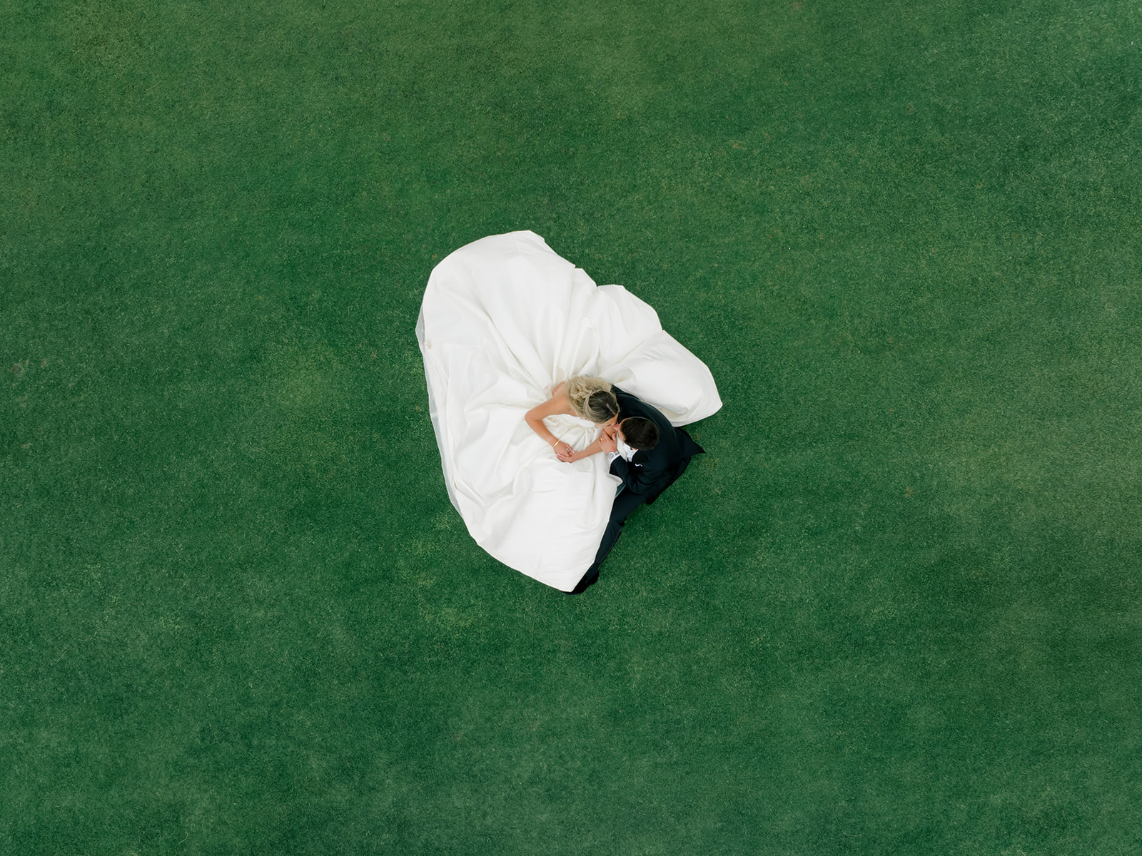 Bride and groom photo from above on green grass. 