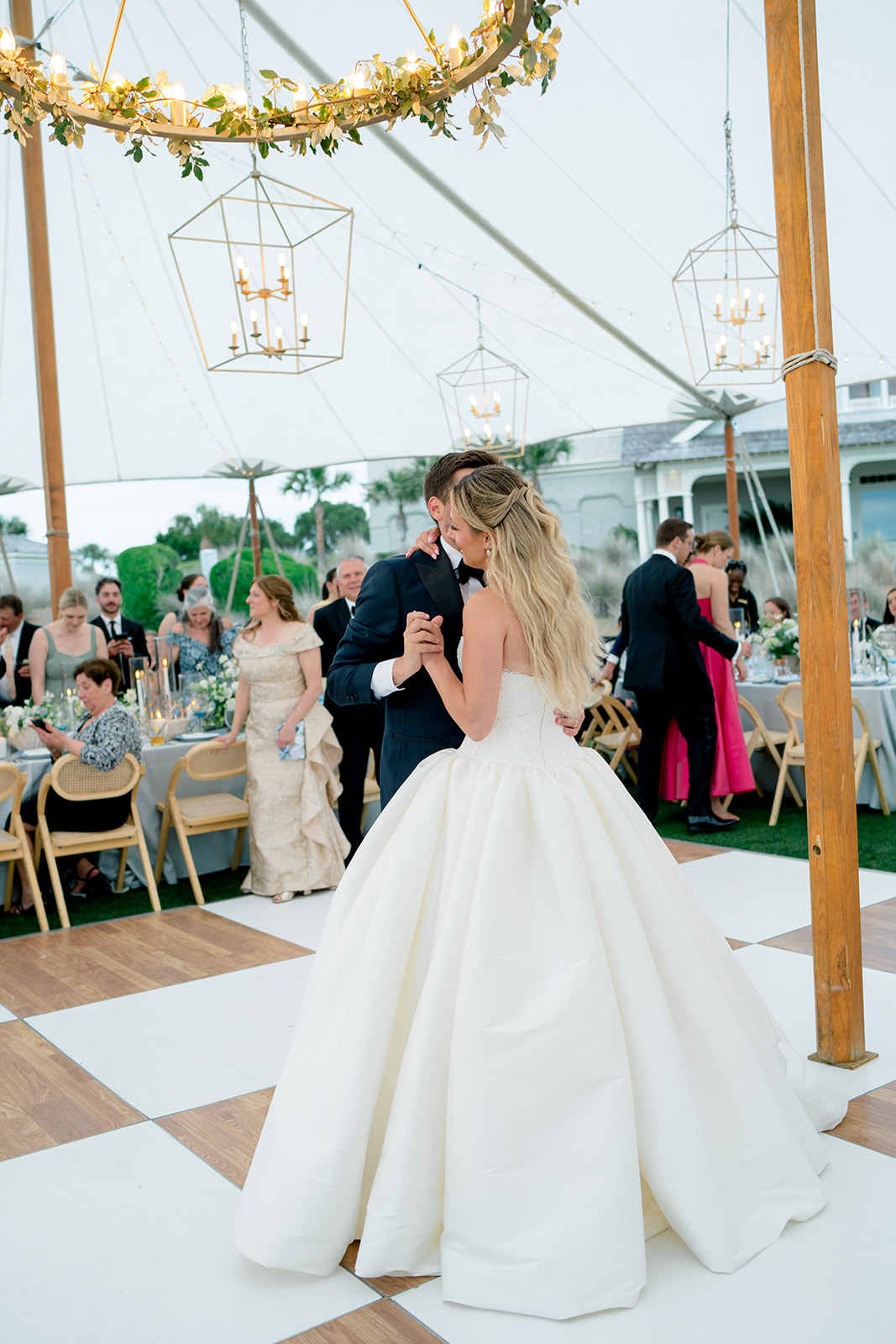 Bride and groom first dance. blue and white spring wedding.