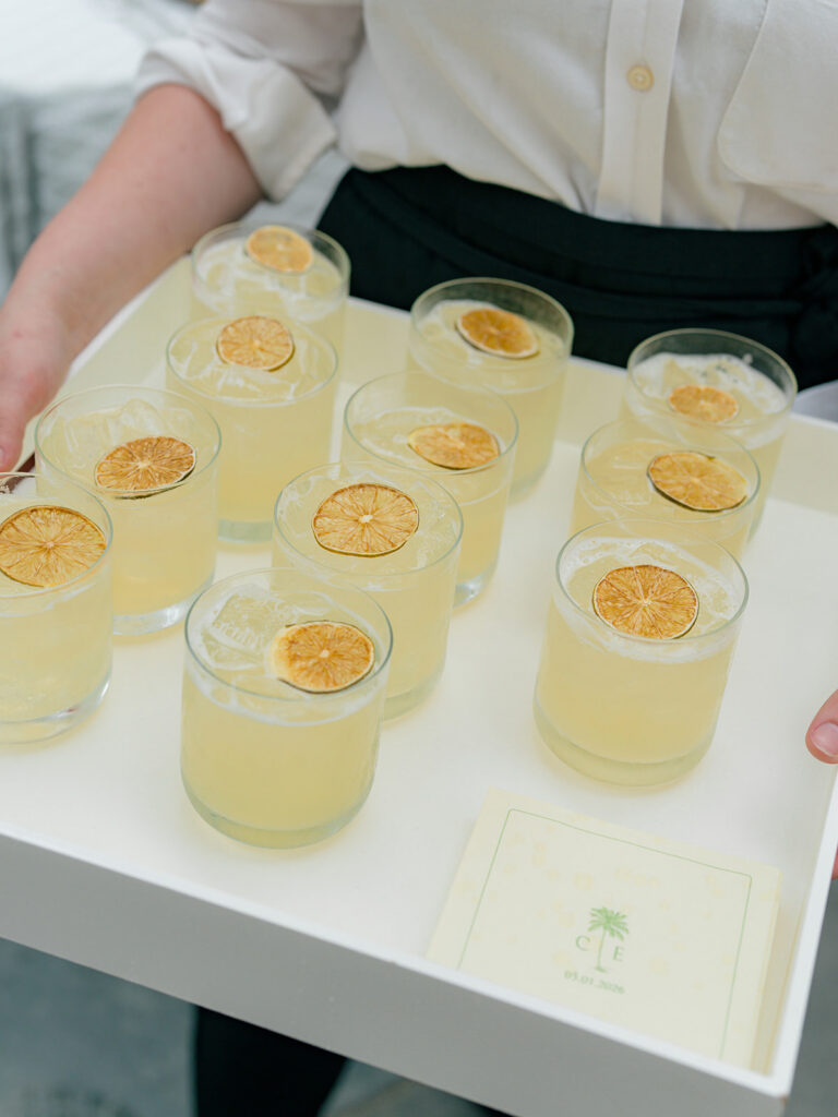 Citrus inspired wedding welcome drinks. 