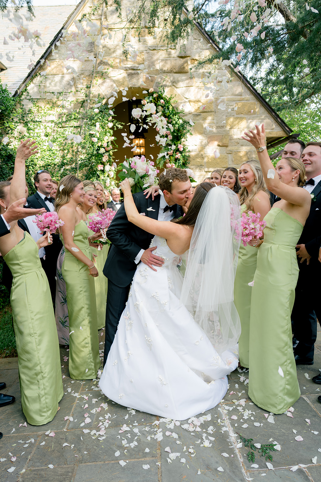 Flower petal toss dip kiss.